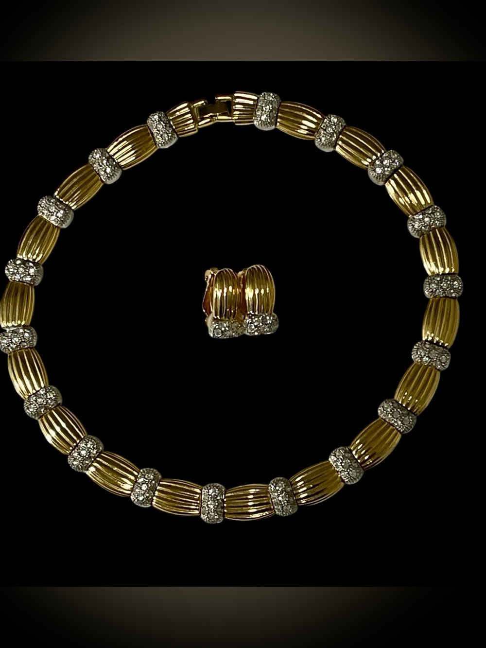 Vintage Rhinestone Collar Necklace & Clip-On Earrings Set Hollywood Regency